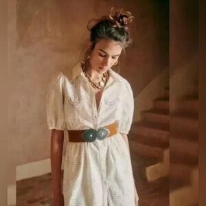 Sezane Jasmin cotton and linen embroidered eyelet button up white dress 42